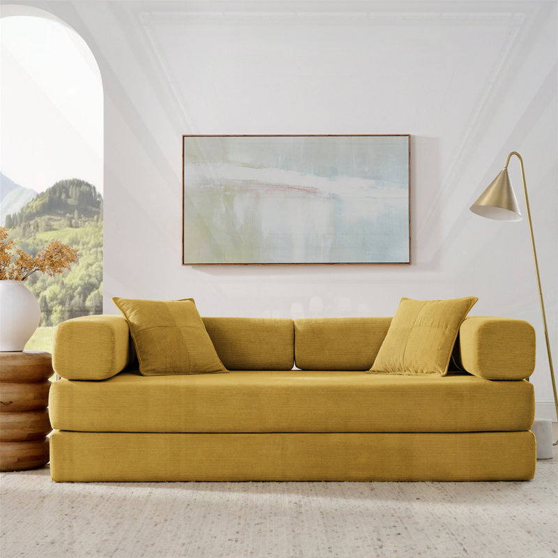 Convertible Fold-Out Sofa Bed, Yellow, Silver