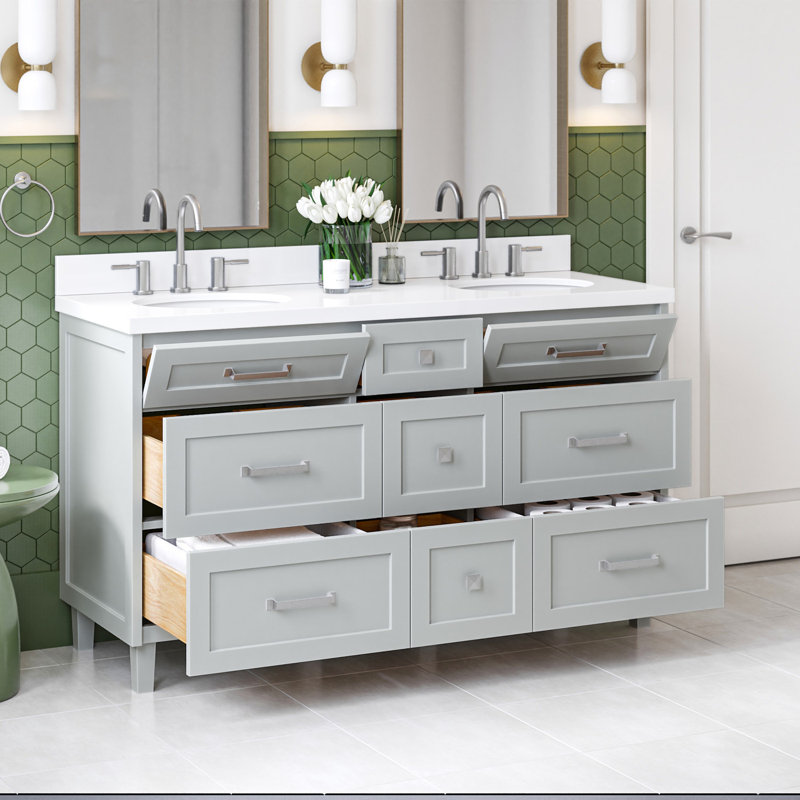 ARIEL Monroe 72 Double Sink Bathroom Vanity with Carrara Quartz Top, Gray, 60" - 61", Pure White Quartz