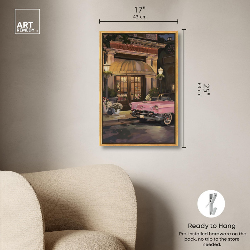 «Classic Car Store visite Canvas» par Art Remedy, H 25 po x l 17 po, Cadre flottant, Doré