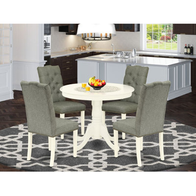 5 Piece Kitchen Table Set for 4 Includes a Round Dining Room Table with Pedestal and 4 Gray Linen Fabric Upholstered Parson Chairs, Linen White
