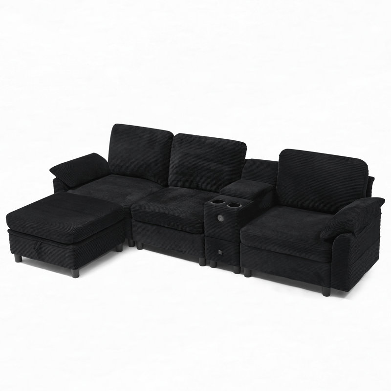 Canapé modulaire modulaire avec console de rangement et méridienne relevable, Velours côtelé noir