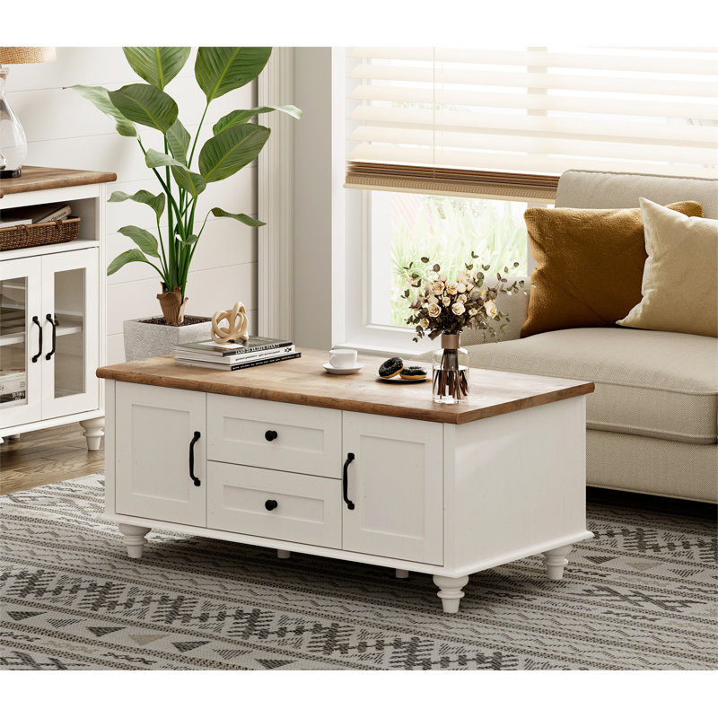 Table basse en bois rustique avec armoire de rangement, Plateau brun / structure blanche