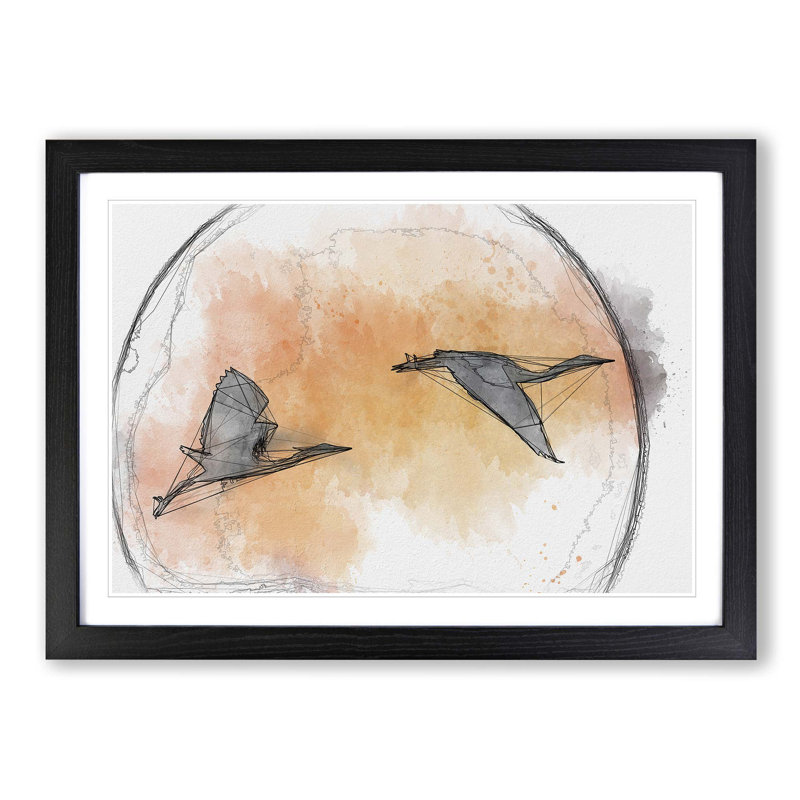 Two Heron Birds in Flight in Abstract - Picture Frame Graphic Art Print, 27cm H x 36cm W x 2cm D, Black Framed
