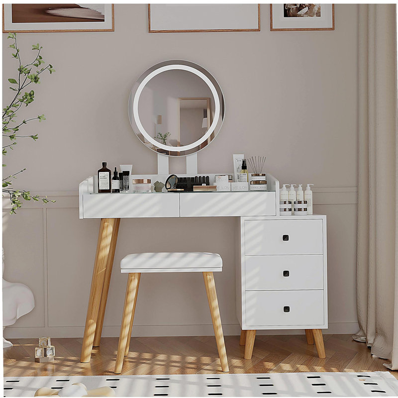 Dressing Table with LED Lights Glass Top Dressing Table with Extendable Side Table 5 Drawers Dressing Table with Mirror and Stool for Bedroom