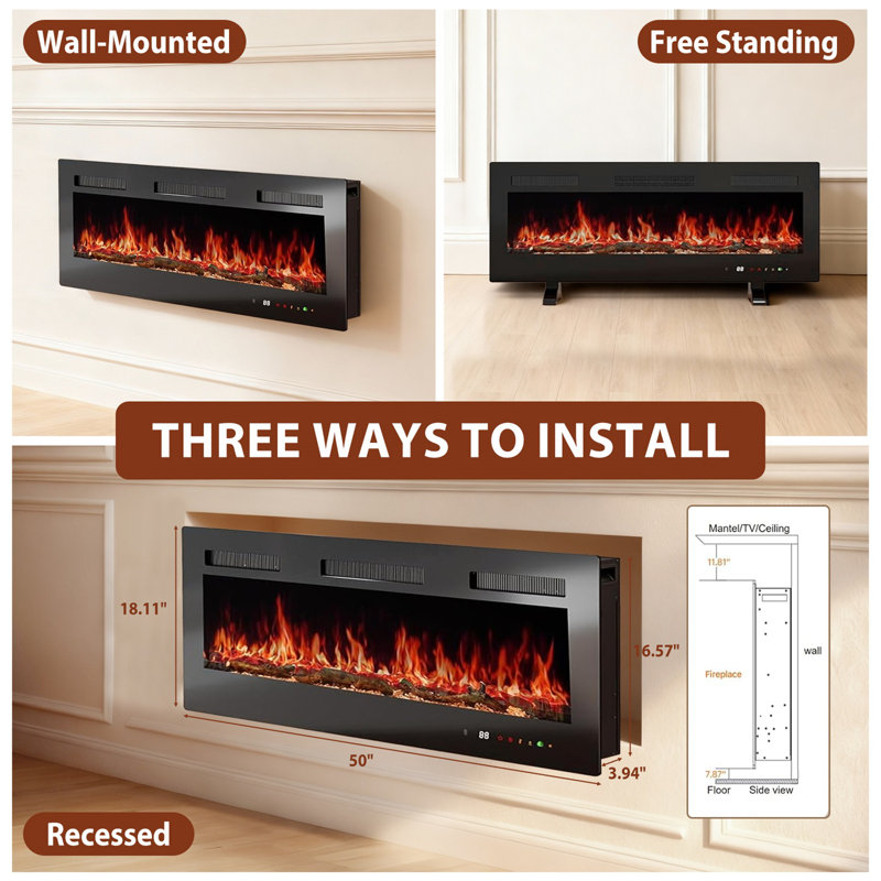 Recessed And Wall Mounted Electric Fireplace With Remote Control, Low Noise, Adjustable Flame Color And Speed