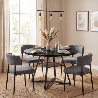 Ameah Industrial Round Dining Room Set For 4, Wood Kitchen Table And Chairs With Curved Back Upholstered Seats