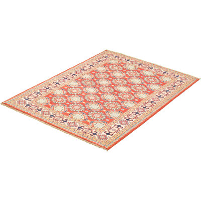 Tapis unique en laine noué à la main Gazni rouge / or des années 2010 de 4 pi x 5 pi 8 po Qaiden