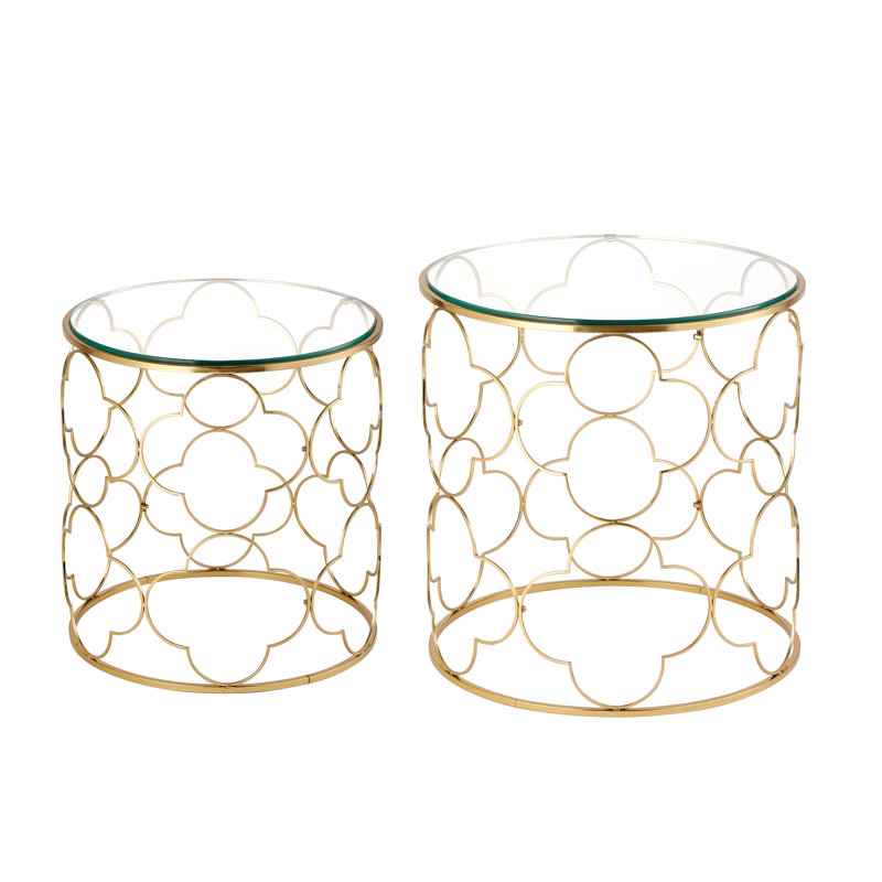 Jadonte Set 2 Round Nesting Gold Metal Glass Top End Side Table