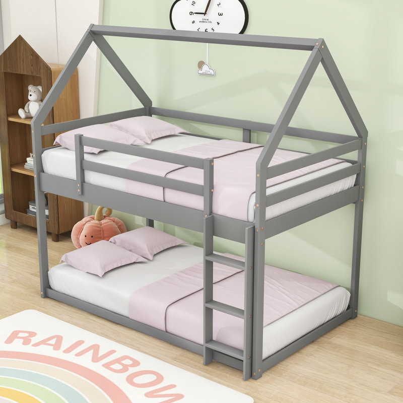 Twin Over Twin House Bunk Bed With Ladder, Gray