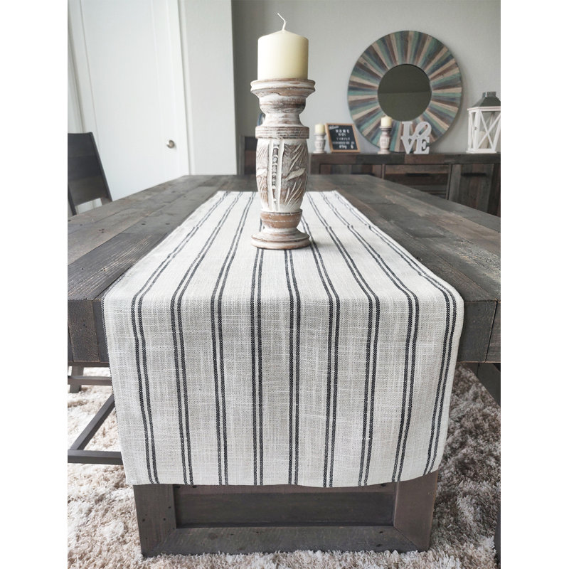 Beige-white Modern Striped Linen Blend Table Runner, 90" x 16" , Black/White