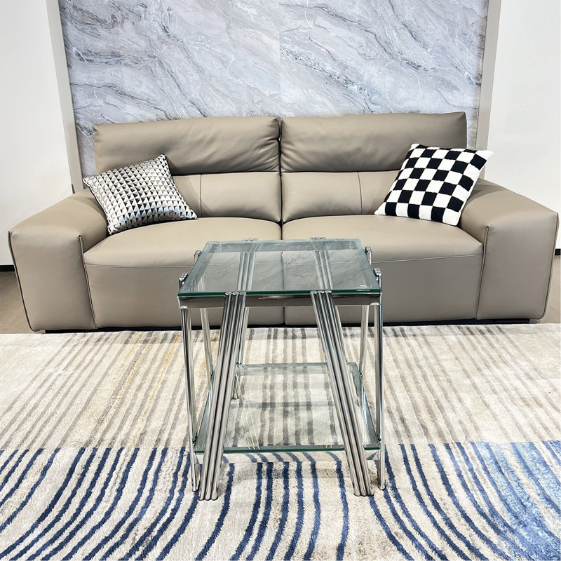 Table de bout carrée 20 pouces, table de bout moderne en acier inoxydable, table basse en verre trempé transparent à deux couches, table d'appoint avec rangement, pour bureau à domicile, argent