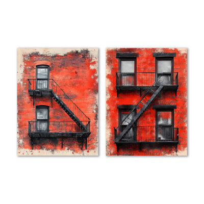 Urban Fire Escape Over Brick Wall – Black Cityscape Large Metal Wall Decor Print Set of 2