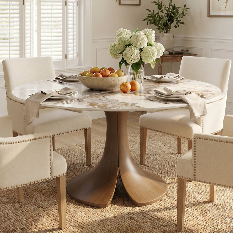 Aurora 47‘’/53‘’/59‘’ Farmhouse Round Sintered Stone Dining Table - Sculptural Solid Hardwood Pedestal For 4-8, Amber