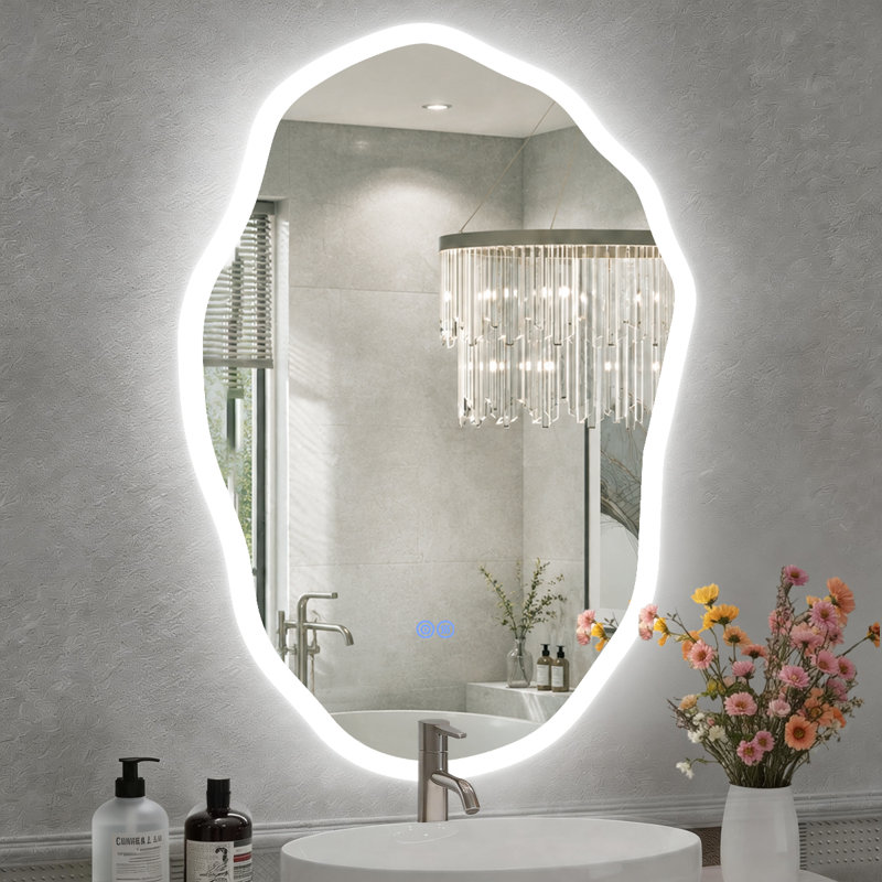 Irregular Shape Frameless Lighted;Bathroom/Vanity Mirror;Backlit + Front Lit,Dimmable Anti Fog Wall Mounted Mirror