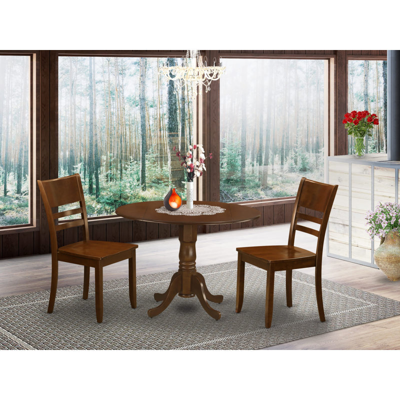 3 Piece Dining Table Set for Small Spaces Contains a Round Dining Room Table with Dropleaf and 2 Wooden Seat Chairs, 42x42 Inch, Espresso