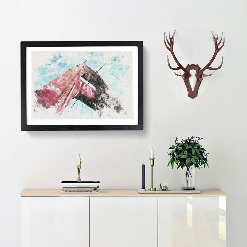 View Of The Golden Gate Bridge In San Francisco Watercolour - Framed Print, 33cm H x 45cm W x 2cm D, Black