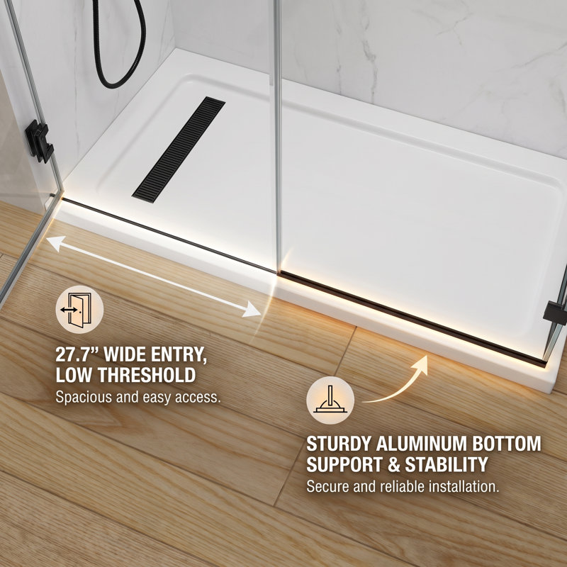 Porte de douche en verre pivotante sans cadre de 60 po x P 32 po x H 74 po, verre trempé transparent de 3/8 po (10 mm), porte de douche pivotante à charnière avec porte-serviettes et crochet, revêtement double face, noir