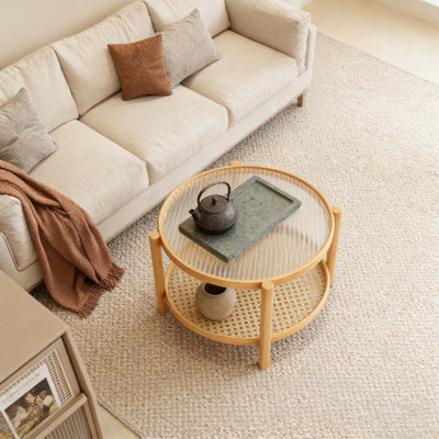 Rattan Coffee Table, 2-Tier Bamboo Coffee Table With Glass Top And PVC Rattan Storage Shelf, Modern Round Coffee Table For Living Room, Office, Natural