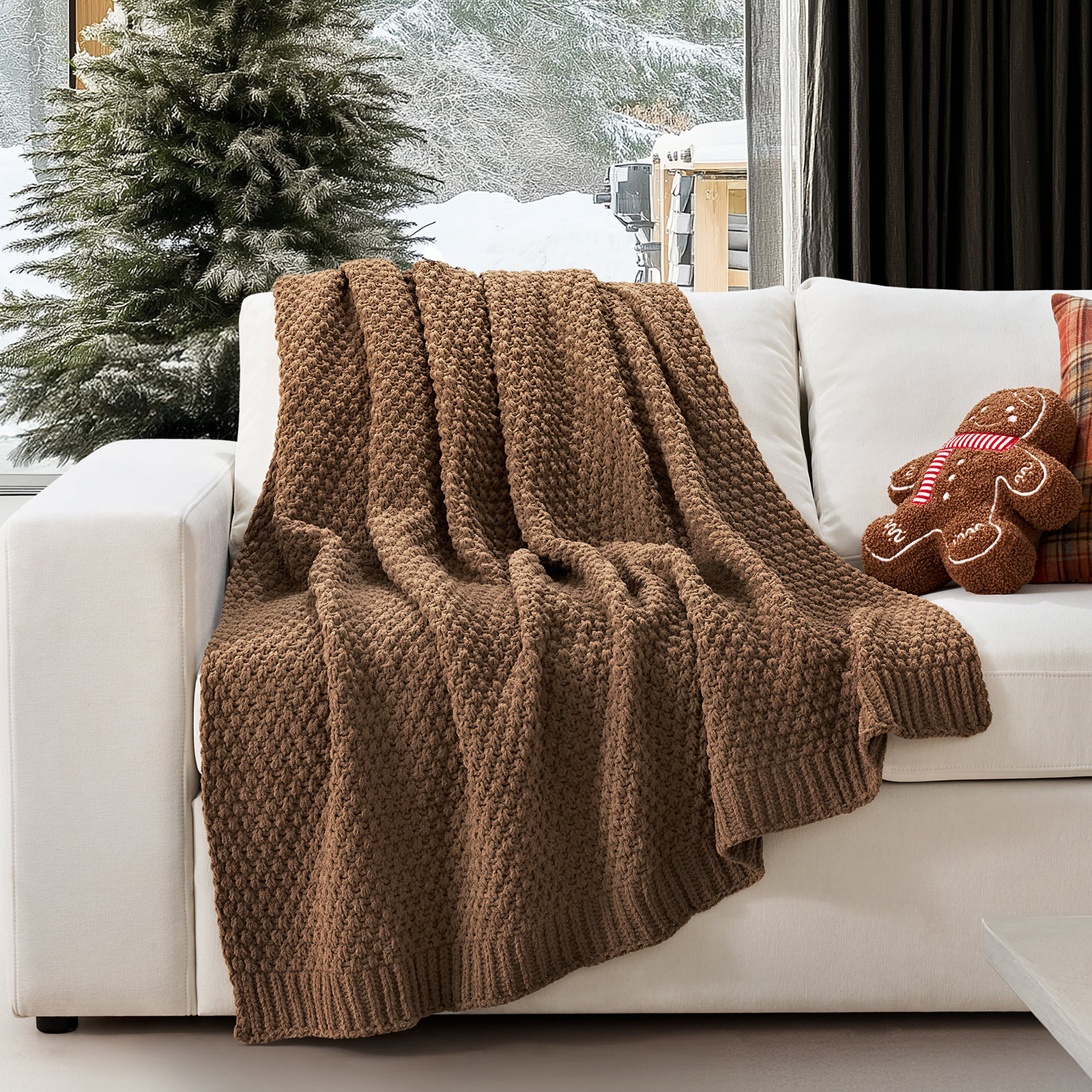 Chunky Chenille Knit Throw Blanket, 80" L x 60" W, Camel Brown