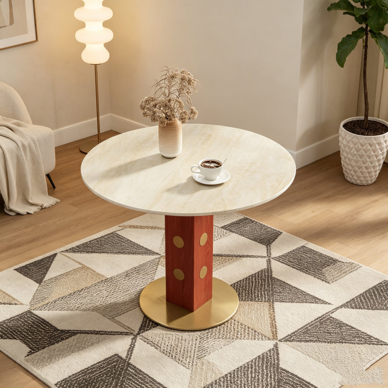 33.5" Modern Round Dining Table, Matte Cave Stone Slate Top with Wooden Legs & Gold Base, 2-Seater Small Space Kitchen Table, 150lbs Capacity