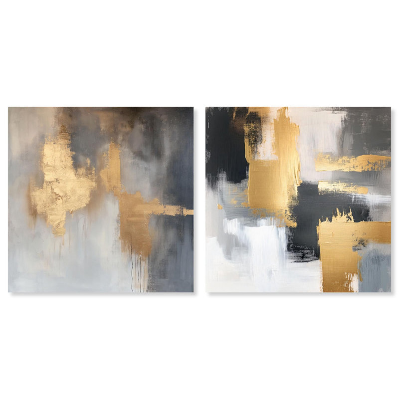 «Gilded Tranquil Abstract Art», ensemble de 2 panneaux sur toile par , Toile tendue, Ne s’applique pas, H 16 po x l 16 po
