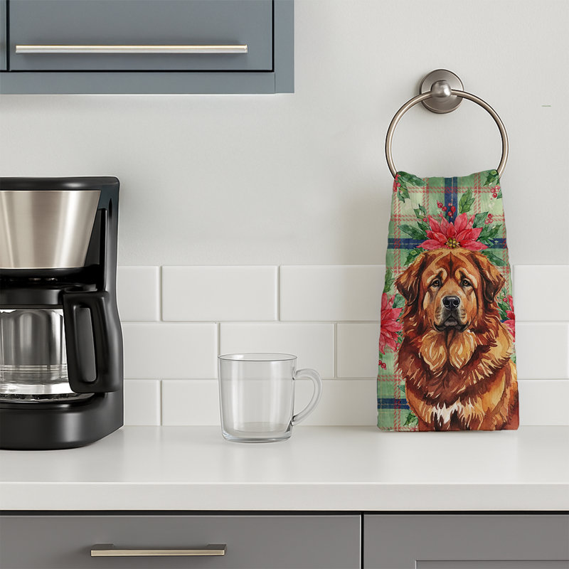 Red Gold Tibetan Mastiff Christmas PoinsettIas Kitchen Towel, Red Gold Tibetan Mastiff