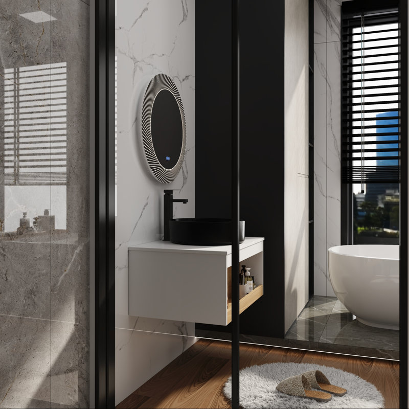 Meuble-lavabo mural 30 po avec lavabo rond et rangement ouvert, Black