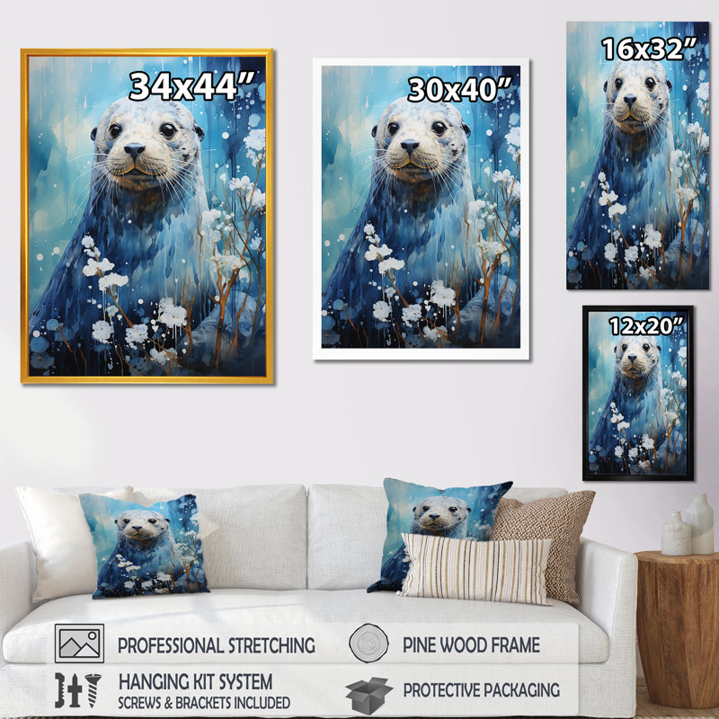 «White and Blue Seal Portrait I - Coastal Animal», art mural, Cadre simple noir, H 20 po x l 12 po x P 1 po