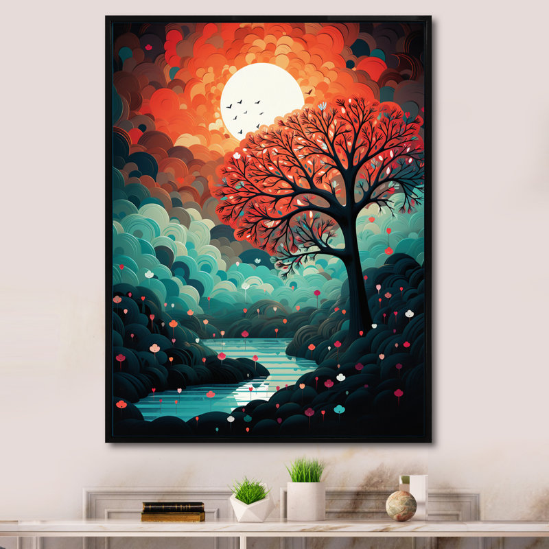 Arbre rouge magique à côté de la pleine lune - impression, Cadre flottant noir, 32" H x 16" W