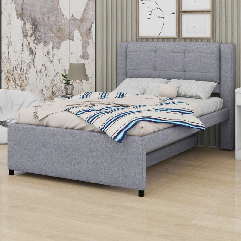 Lit plateforme tapissier avec lit gigogne, lit gigogne pouvant être plat ou érigé, Gris