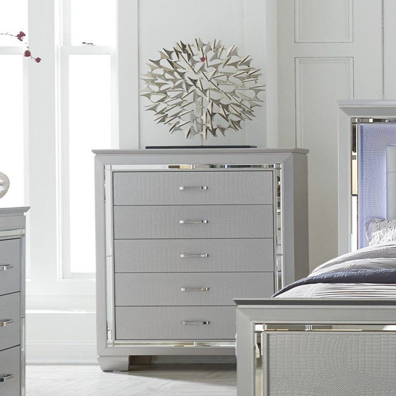 Mobilier de chambre à coucher en faux-alligator gaufré à finition argentée 1 pièce avec 5 tiroirs en queue d'aronde