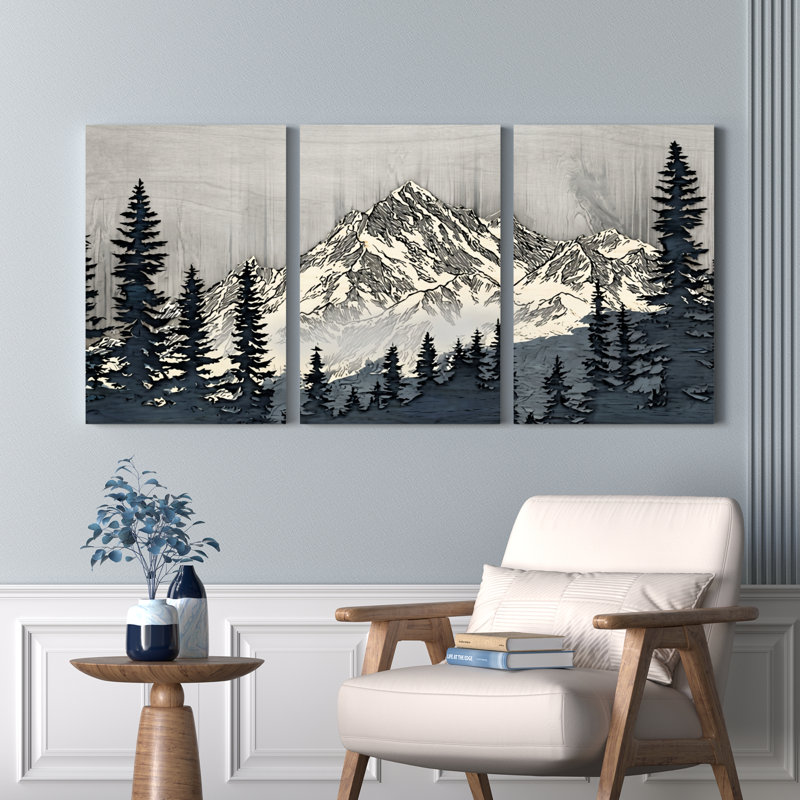 Ensemble de 3 tableaux sur toile représentant un paysage de montagne avec des pins et des sommets enneigés.