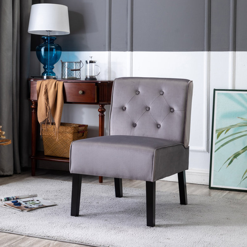 Living Room Armless Button Tufted Pattern Accent Chair with Velvet Fabric, Gray, 2