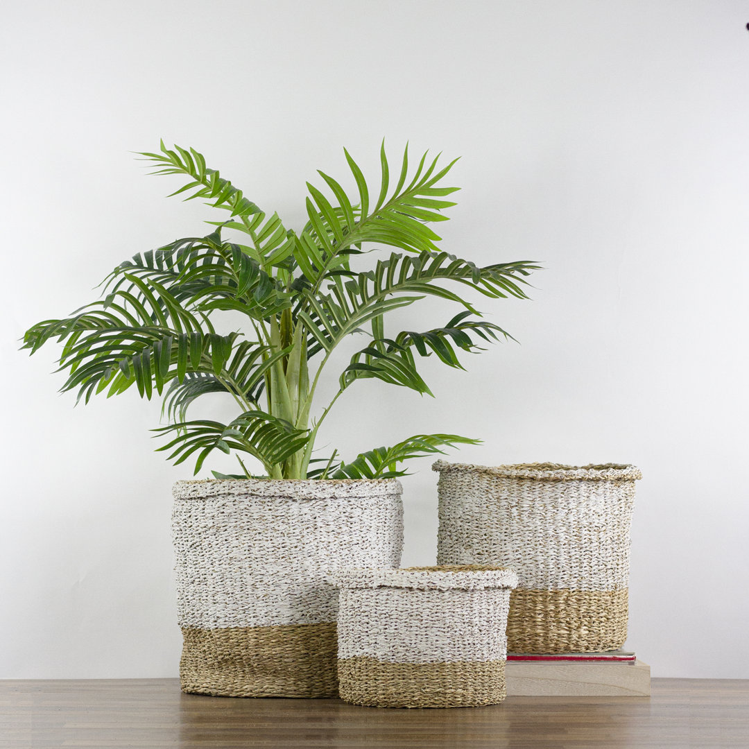 Set of 3 Beige and White Round Wicker Table and Floor Baskets Northlight Seasonal