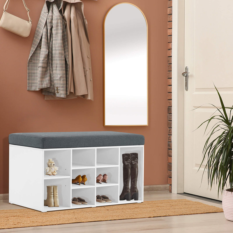 Ivinta White Shoe Storage Bench with Gray Cushion and 10 Cubbies