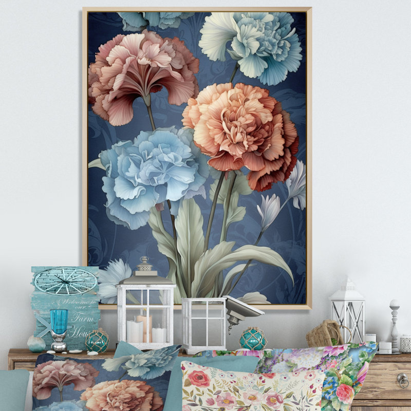 «Coral Blue Carnations Harmony II», reproduction sur toile, 32" H x 16" W, Cadre photo blanc