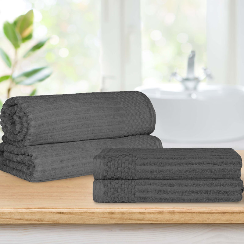 Ribbed Cotton Absorbent Heavy Weight 2 Pc Bath Sheet and 2 Pc Bath Towel Set, Charcoal
