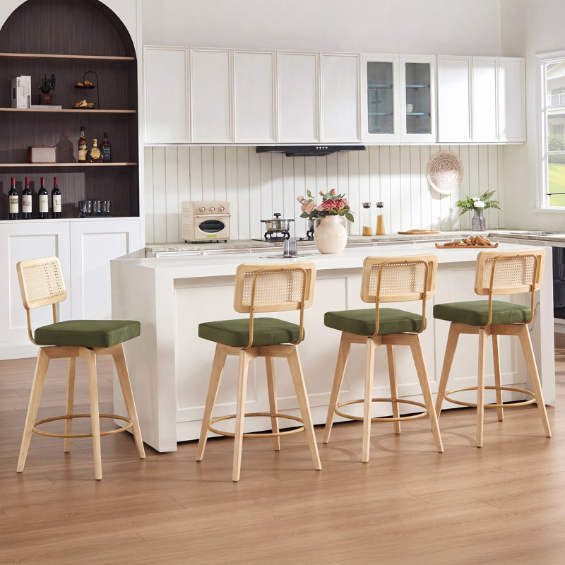 Tabouret de comptoir pivotant de style moderne Mid-Century de 26,2 po Anandi avec dossier en rotin de canne et structure en bois massif