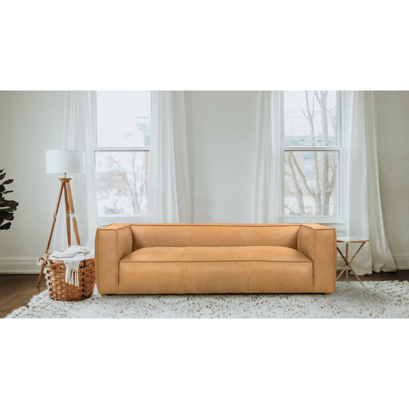 Canapé à accoudoirs carrés 100 po en cuir véritable, Brun clair