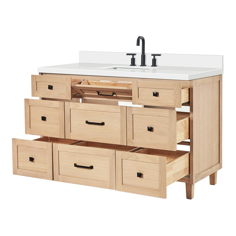 ARIEL Monroe 48 Single Sink Bathroom Vanity with Carrara Quartz Top, Oak, Pure White Quartz, 55"