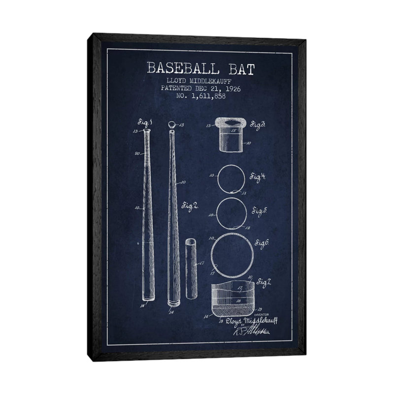 Baseball Bat Navy Blue Patent Blueprint by Aged Pixel - Gallery-Wrapped Canvas Giclée on Canvas, Black Framed