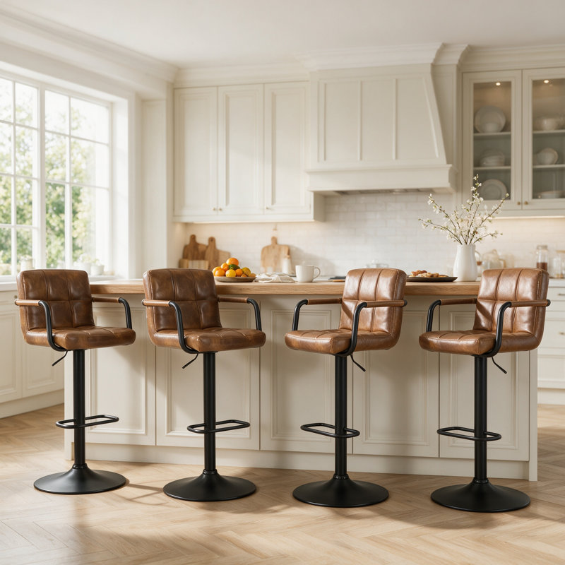 Tabouret de bar rembourré et réglable en hauteur brun clair 4 pièces avec structure en métal, Marron clair