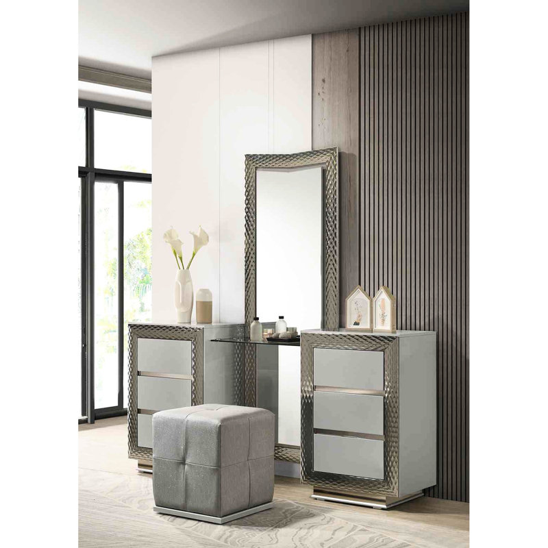 Meuble-lavabo de style avec tabouret, finition grise, moulure argentée à base de socle, tablette en verre, tête de lit et miroir à DEL, bois d'hévéa massif, meubles de chambre à coucher à tiroirs multiples avec plateau 1 pièce, finition pour