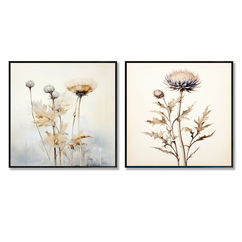Beige chardon et fleurs - ensemble de 2 collages carrés de chardon, Cadre flottant noir, H 16 po x l 33 po