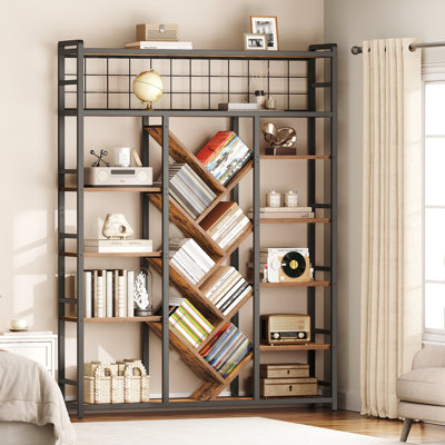 Bibliothèque triple à 7 niveaux, grande bibliothèque industrielle avec 20 tablettes ouvertes, bibliothèque moderne avec cadre en métal et fonction de suspension
