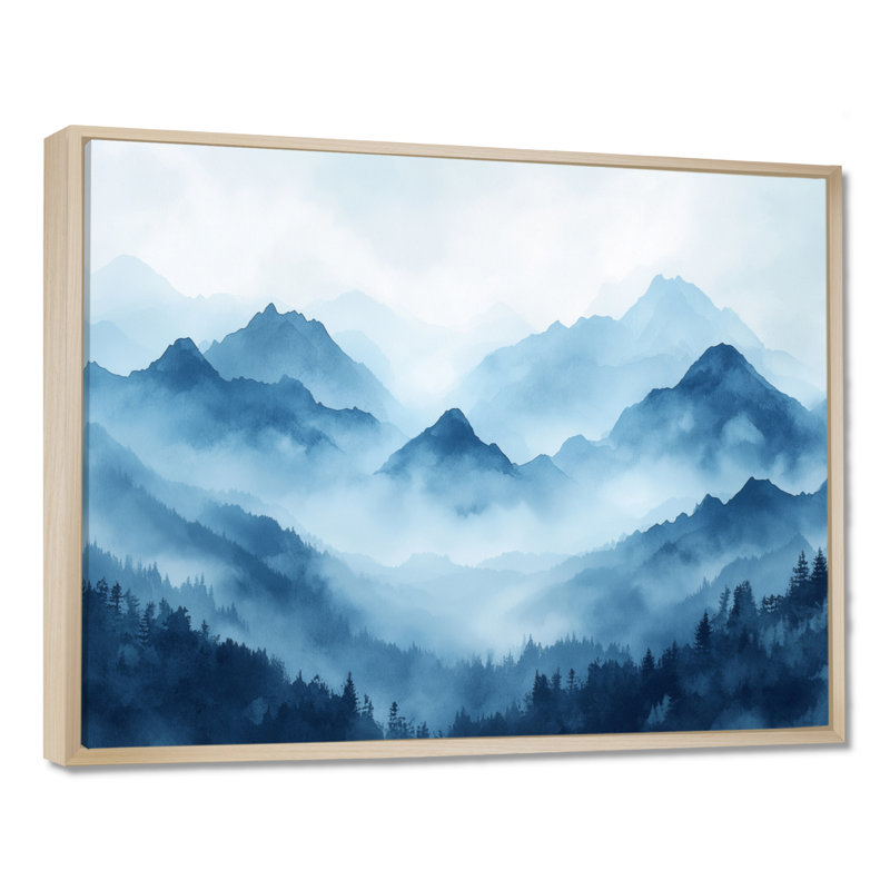 Misty Blue Mountain Range I - décoration murale paysage bleu, Cadre naturel flottant, H 24 po x l 32 po