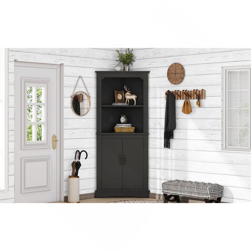 Tall Corner Cabinet With Doors For Living Room, Bathroom,Dining Room Or Kitchen, Black