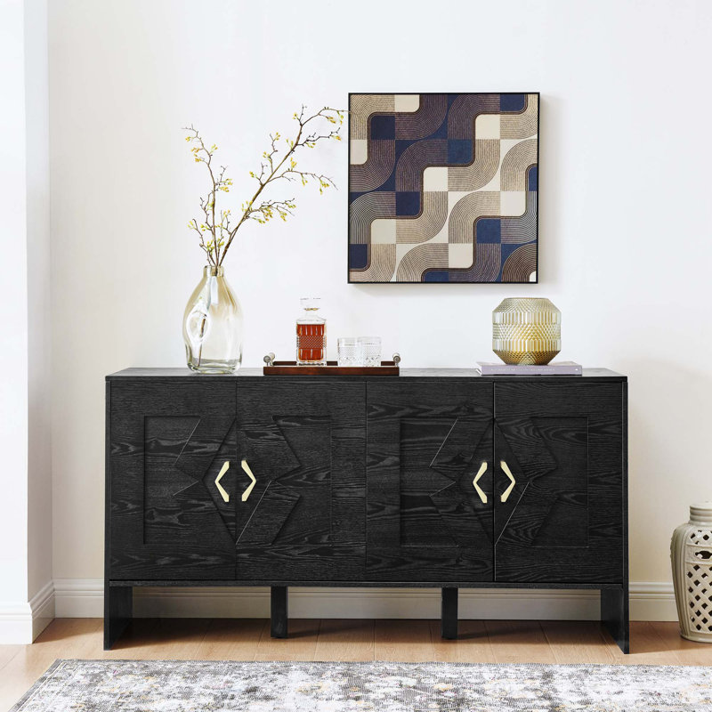 Console en bois avec motif géométrique, tablettes réglables, Noir