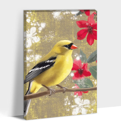 Grande œuvre d'art sur toile, chardonneret jaune avec fleurs rouges - Nature, impressions sur toile, affiche, peinture pour salon