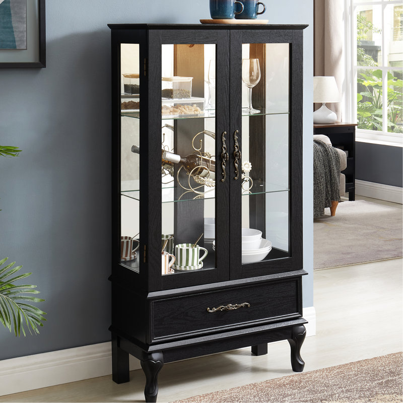 2 Door Wine Curio Cabinet With Integrated Lighting, Adjustable Shelves, Black Finish, Mirrored Back And Vintage Handles - Add Style To Your Home Lighting System, Hidden Drawer Sophisticated Decor